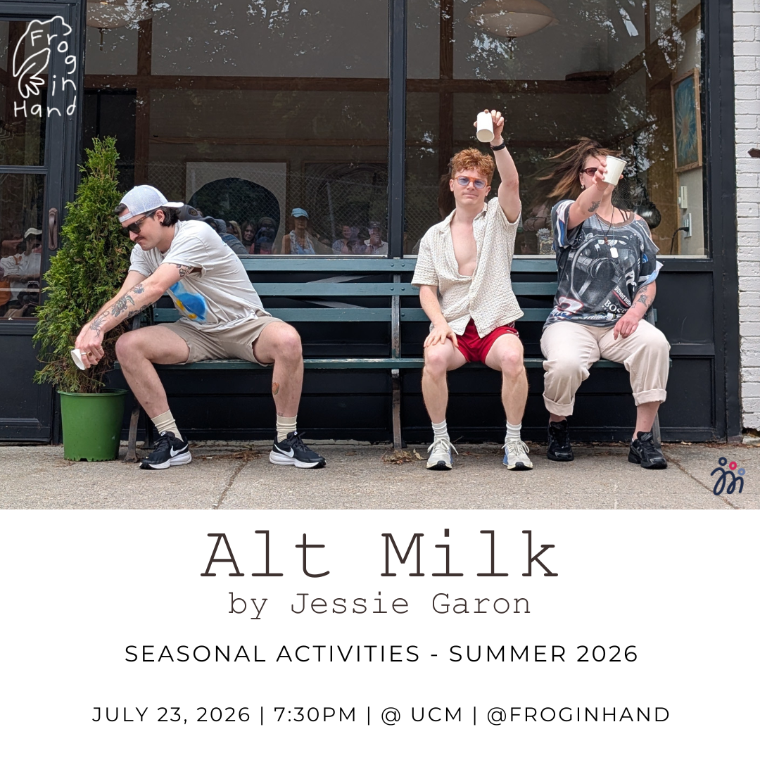 An ad for a dance piece Alt Milk, showing three dancers on a bench dancing with disposable cups