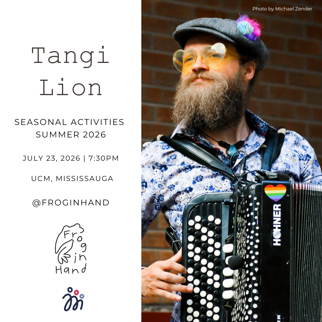 An image of Tangi Lion, an accordion player who wears heart shaped glasses